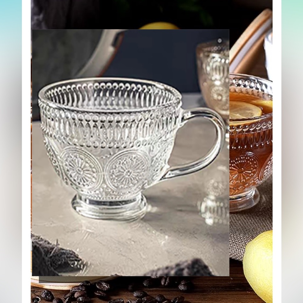 NEW Lid Glass Mug Cup Tea Coffee Overnight Oats Vintage Style Embossed Bamboo